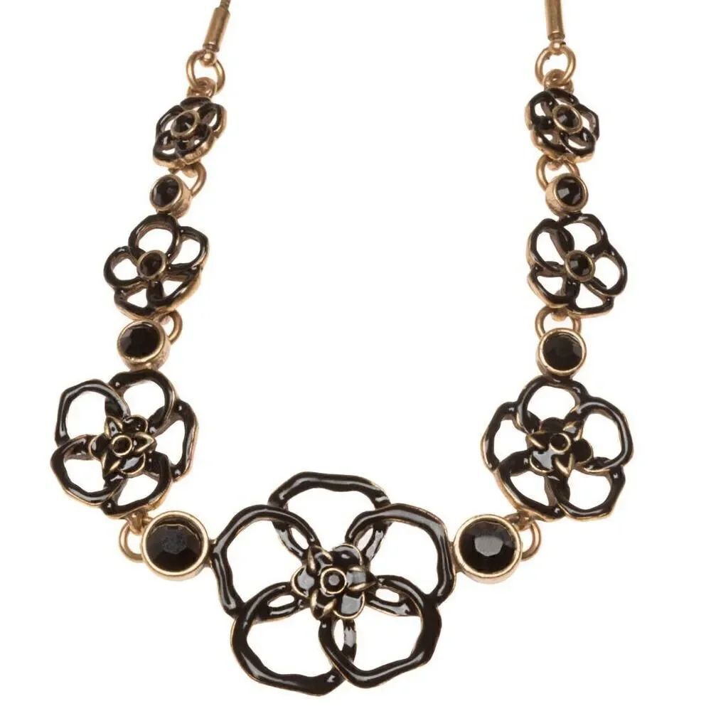 PILGRIM Goldtone Black Enamel Flower Link Necklace